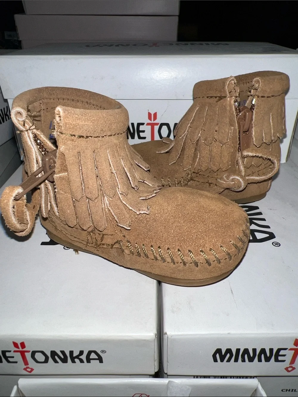 Authentic New in Box, Minnetonka Double Fringe Side Zip Boot infant Size 2